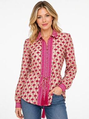 Etcetera Pink Floral Button-Down Tie-Waist Shirt